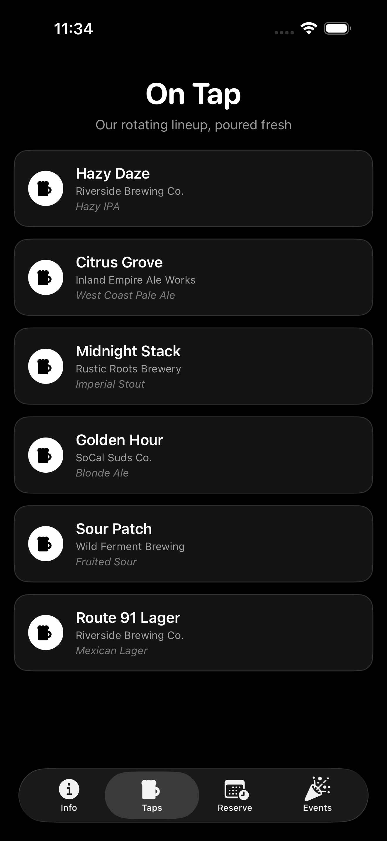 Rolling Brews iOS app, Taps tab